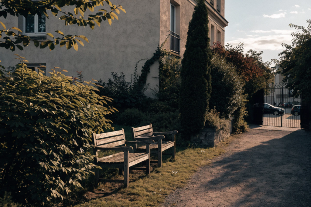 Jardin d'Ehpad parisien vu de l'extérieur évoquant le film Soudain