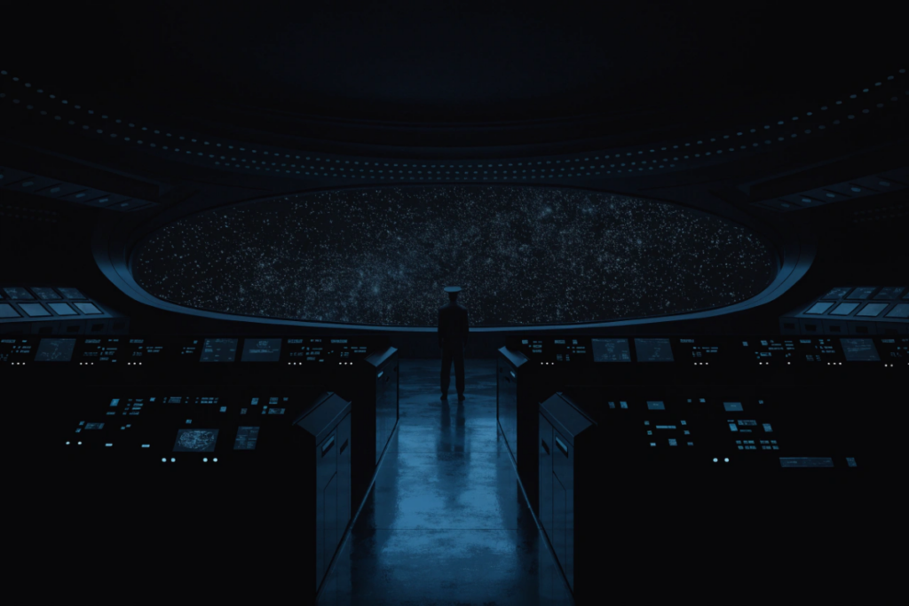 Silhouette d’officier sur un vaisseau spatial, évoquant Star Trek Strange New Worlds