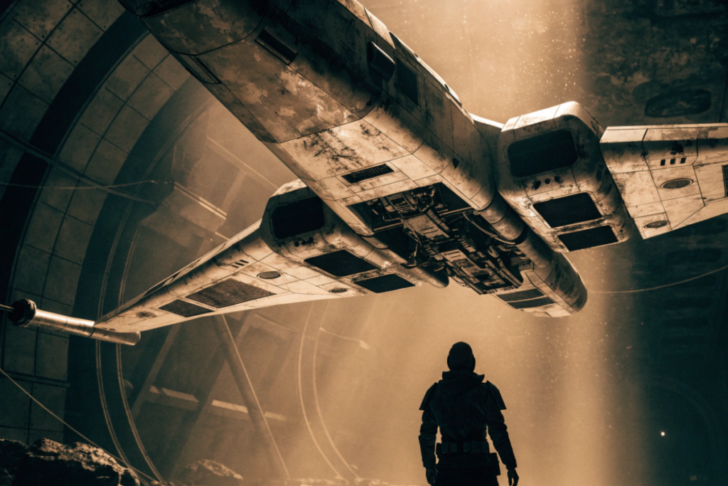 Pilote de dos face à un chasseur spatial comme dans Star Wars Starfighter
