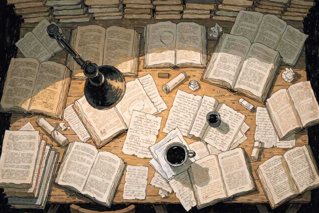 table de bibliothèque encombrée de livres dans une atmosphère littéraire évoquant Wake Me Up