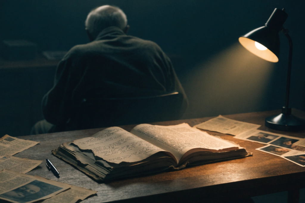 Dossier d'enquête ancien posé sur un bureau, ambiance sombre 
