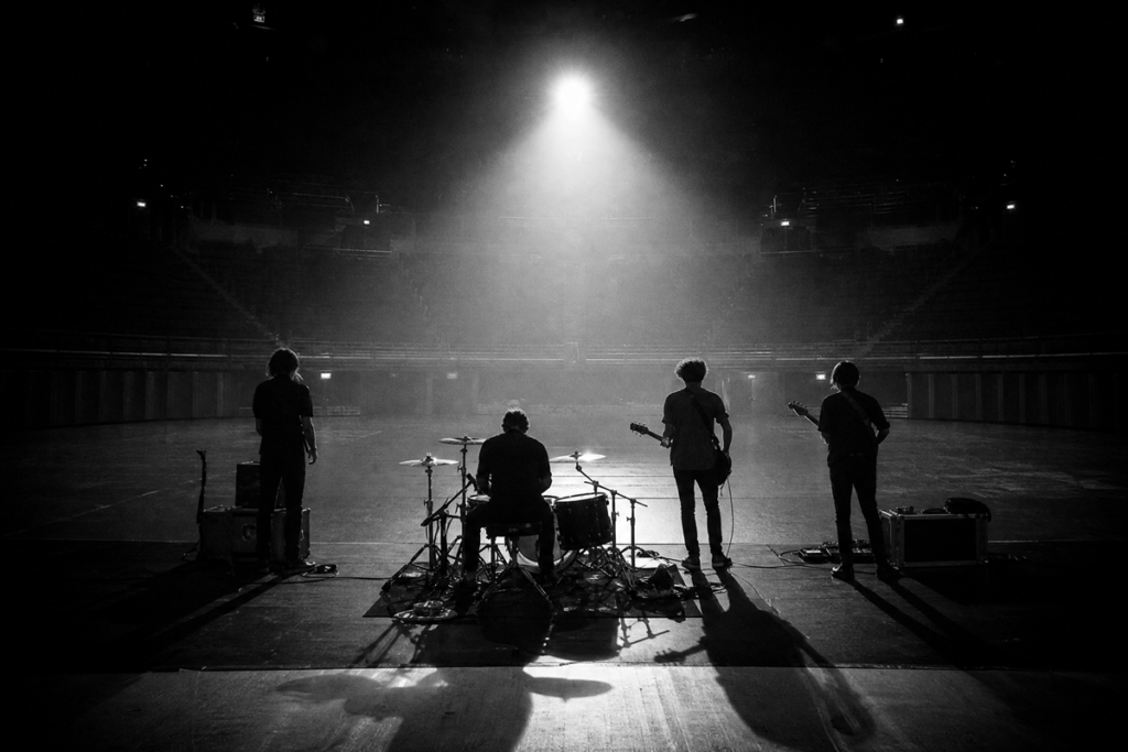 Un groupe de rock de dos sur une immense scène vide