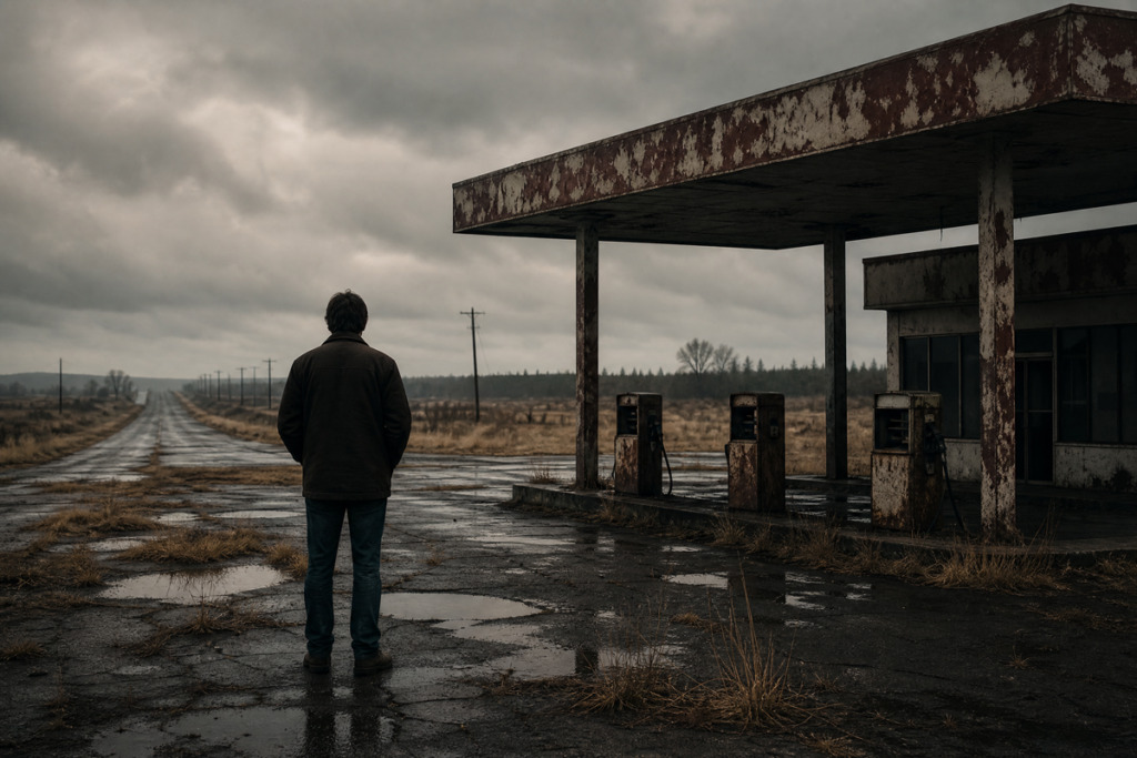Un homme de dos devant une station-service abandonnée
