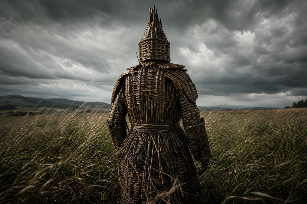 Un homme de dos vêtu d'un costume tressé en osier