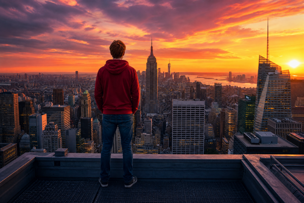 Un homme debout au sommet d’un immeuble face à la skyline de New York