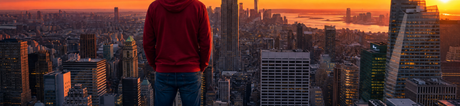 Un homme debout au sommet d’un immeuble face à la skyline de New York