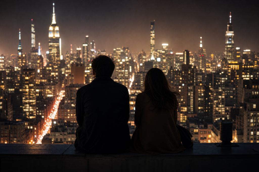 Un homme et une femme assis sur le toit d’un immeuble à New York