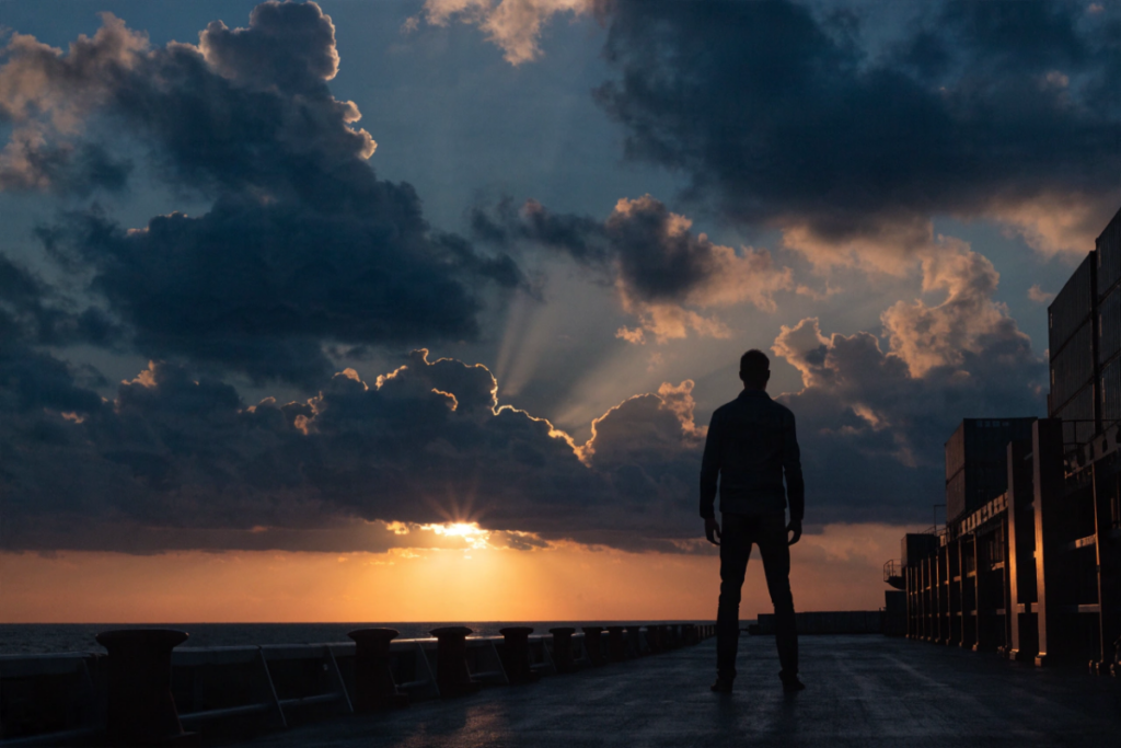 Silhouette d'un homme observant l'horizon depuis le pont d'un navire