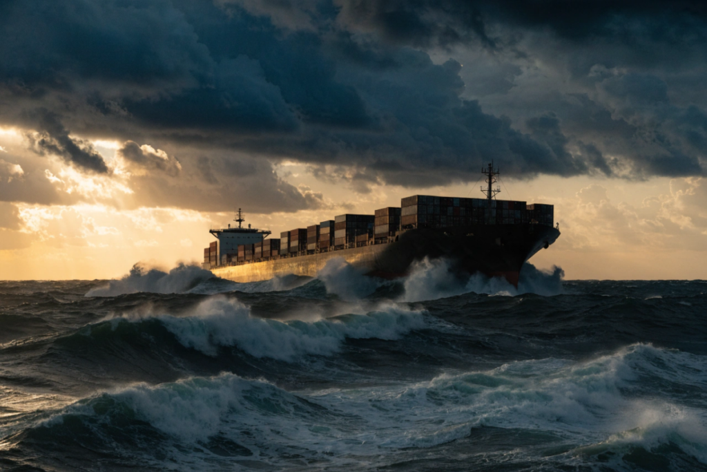 Porte-conteneurs massif sur une mer agitée rappelant un huis clos maritime Mutiny
