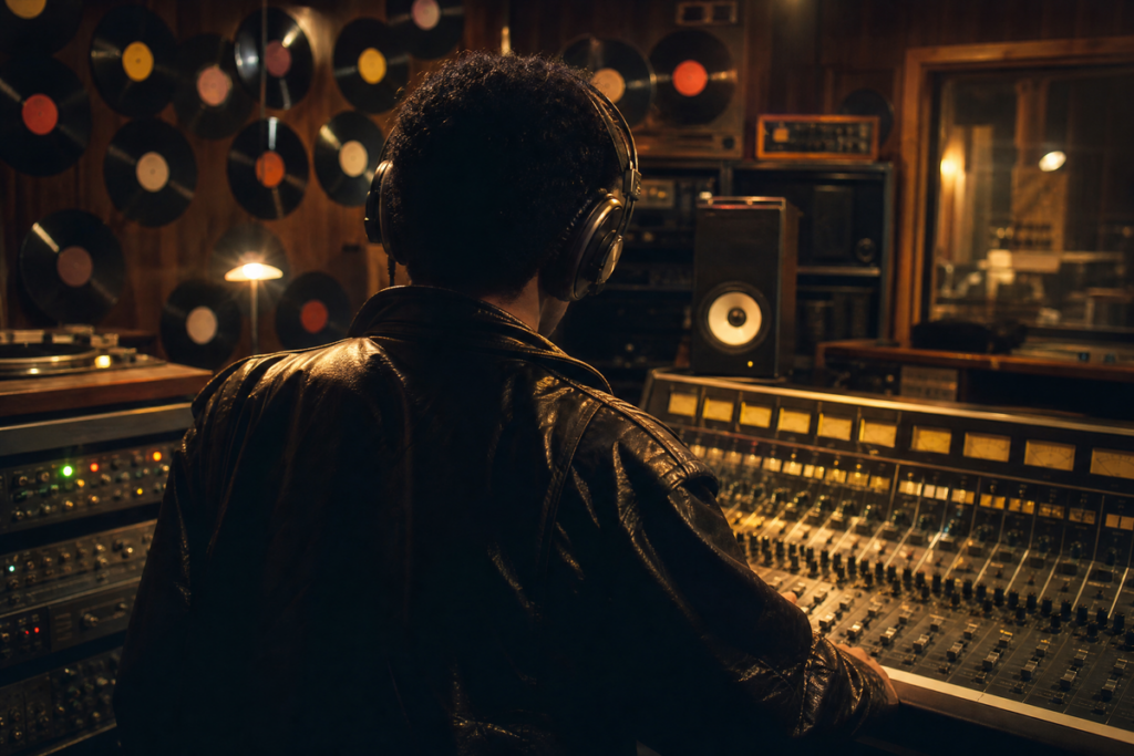 Un jeune chanteur de dos dans un studio d’enregistrement vintage