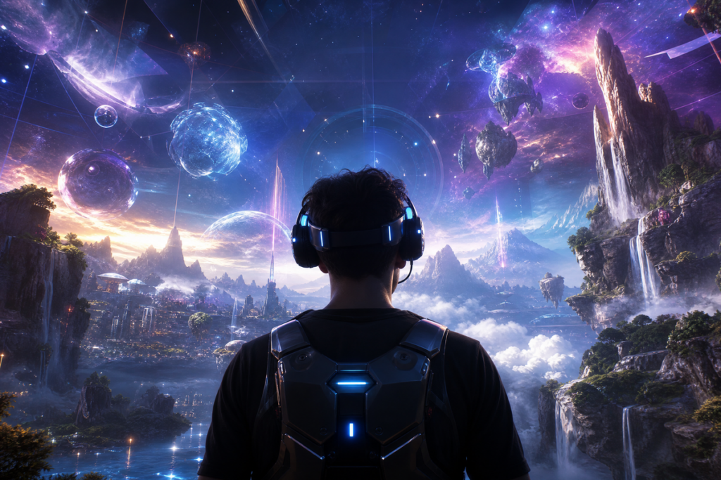 Un jeune homme de dos portant un équipement de réalité virtuelle
