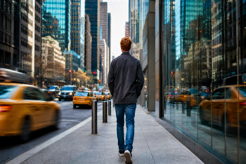 Un jeune homme marchant dans une rue animée de Manhattan