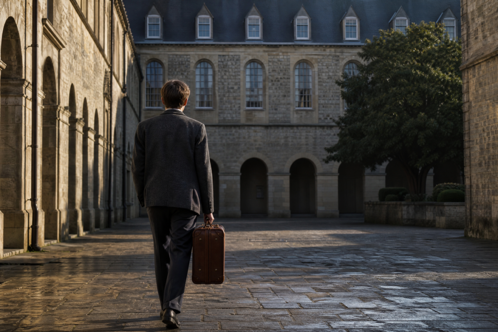 Un jeune homme marchant seul dans la cour d'un pensionnat catholique
