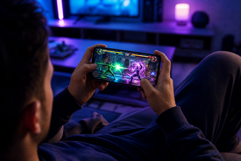 Un joueur tenant un smartphone affichant un jeu de combat