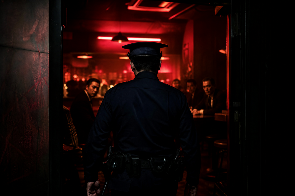 Un policier japonais de dos entrant dans un bar clandestin