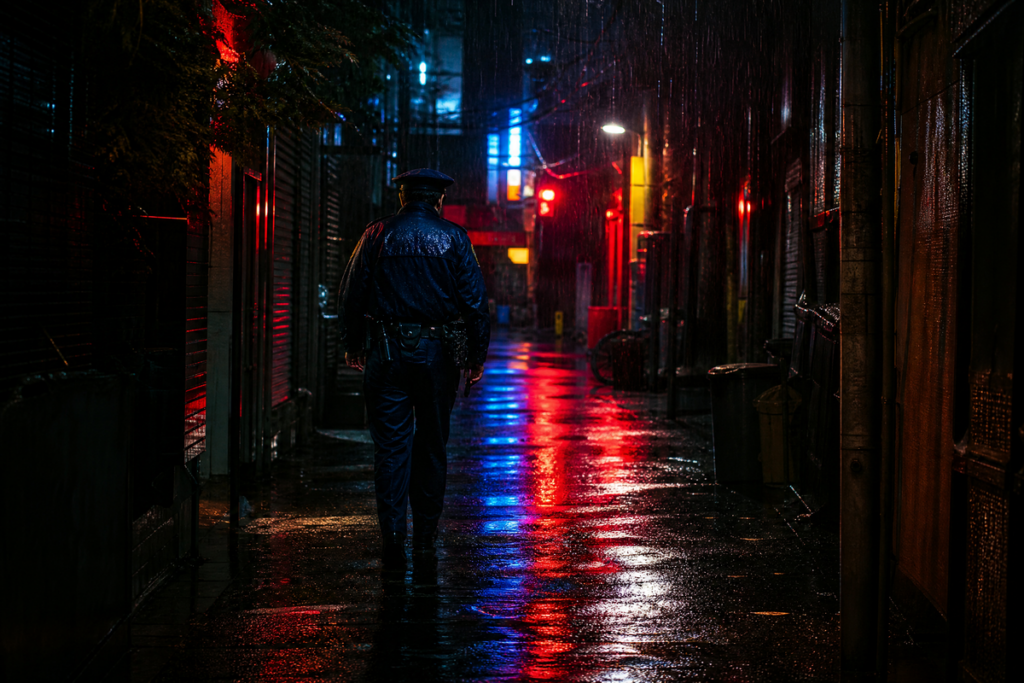 Un policier japonais marchant dans une ruelle sombre de Tokyo