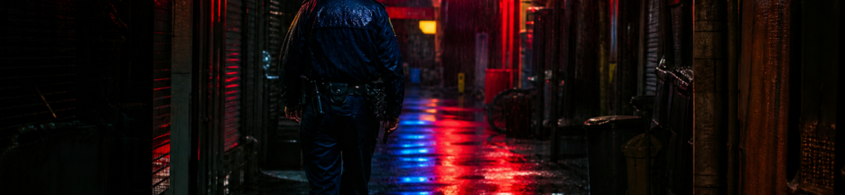 Un policier japonais marchant dans une ruelle sombre de Tokyo