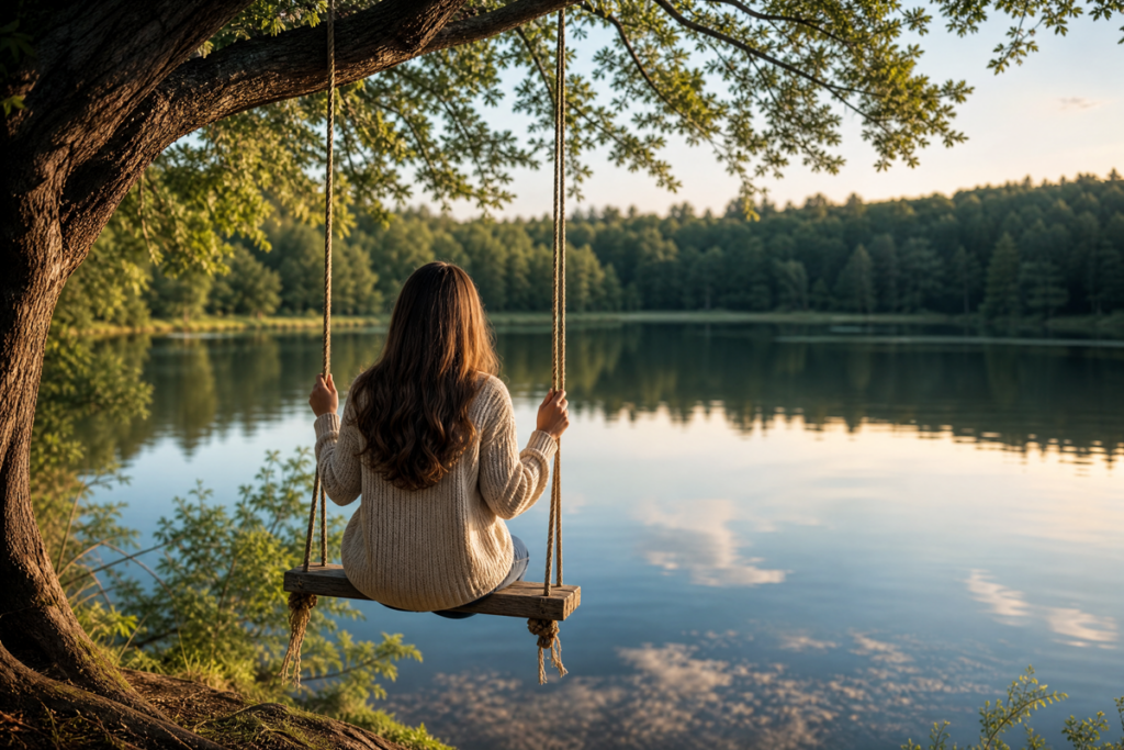 Une adolescente assise sur une balançoire face à un lac
