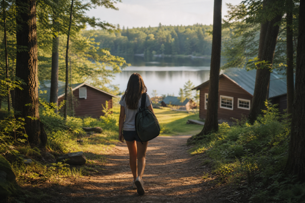 Une adolescente de dos marchant vers un camp d'été 