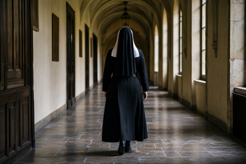 Une religieuse marchant dans le couloir d'un ancien pensionnat catholique