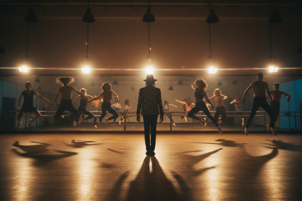 Une silhouette masculine dans une salle de répétition entourée de danseurs