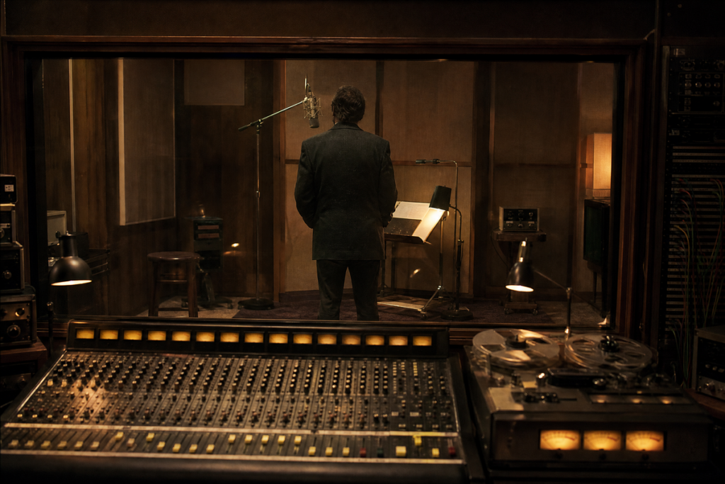 Vieil homme debout dans un studio d’enregistrement