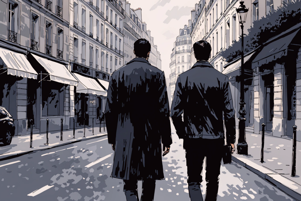 deux silhouettes masculines dans une rue parisienne évoquant le duo de Wake Me Up