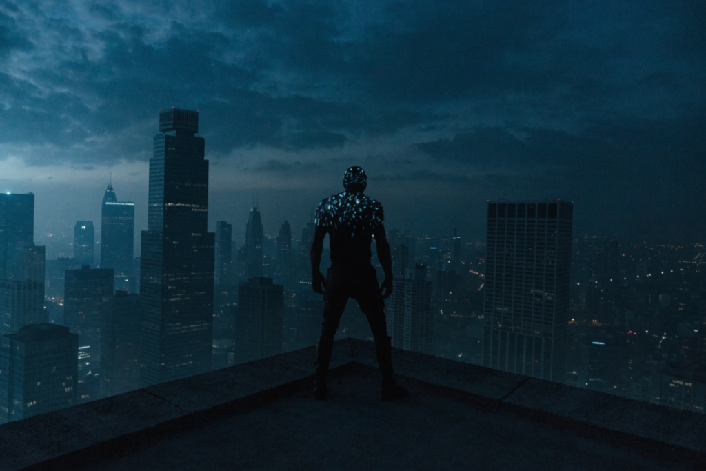 Silhouette mutante sur un toit avec des reflets cristallins bleutés, évoquant X-Men