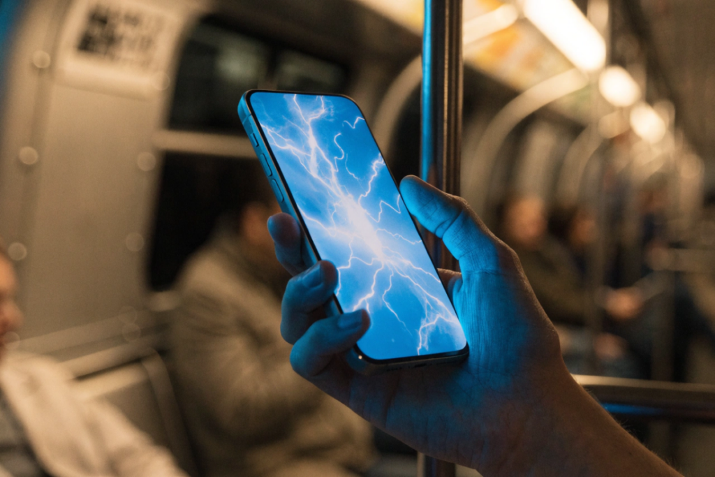 Smartphone diffusant une lumière bleutée dans les transports
