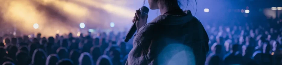 Jeune chanteuse sur scène, évoquant l’univers de l’album Victoria d’Ambre