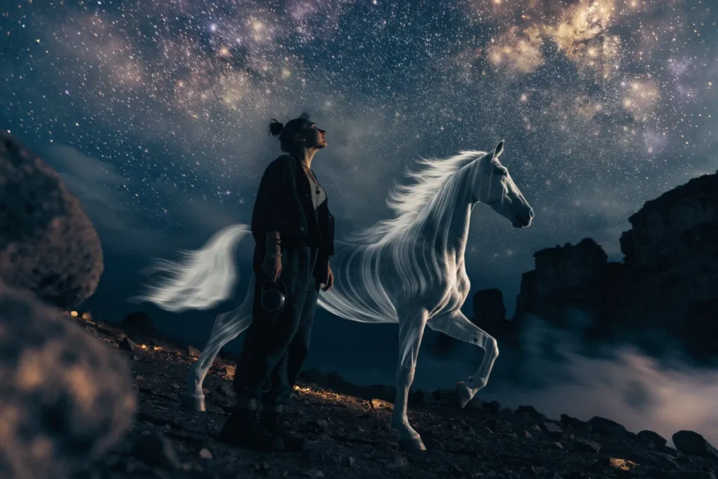 Une jeune artiste et un cheval blanc dans un univers nocturne, évoquant l’album Victoria