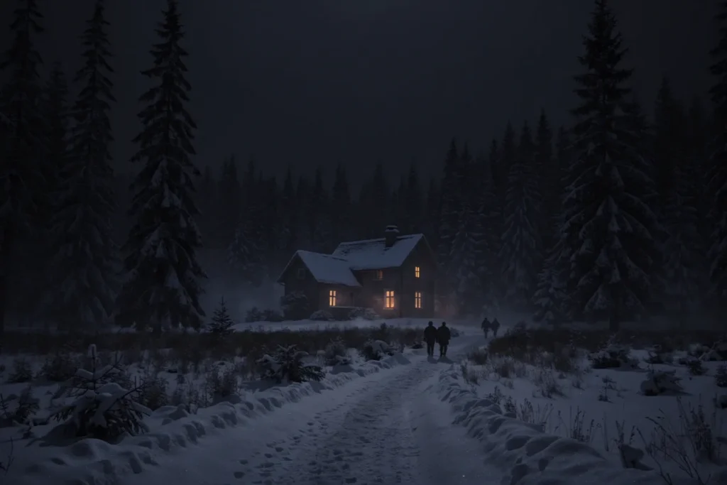 Maison isolée de nuit dans une région enneigée rappelant l’ambiance de Black Phone 2