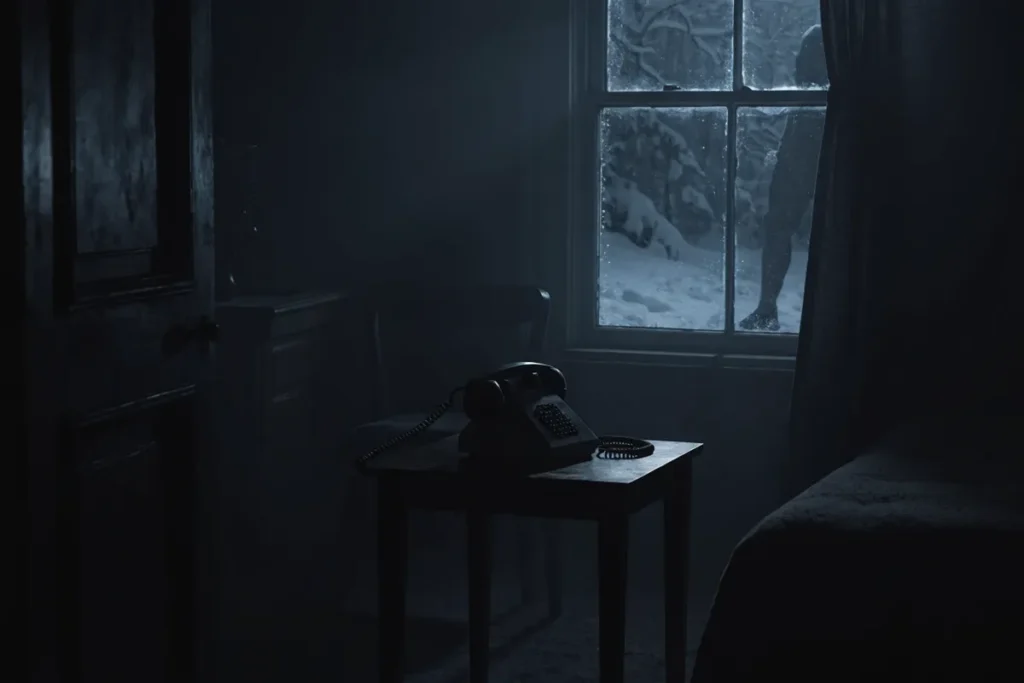 Une pièce sombre et un individu à la fenêtre dans une atmosphère nocturne et inquiétante
