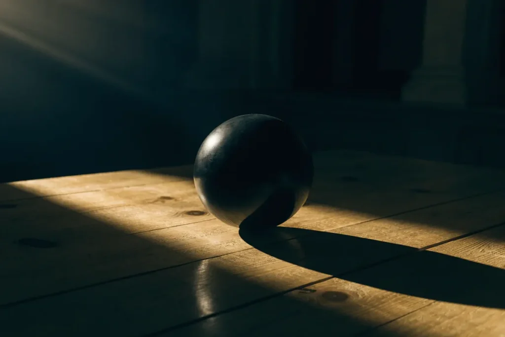 objet sphérique noir posé sur une table en bois