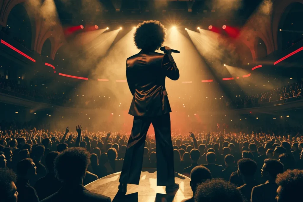 chanteur masculin au centre d’une scène, rappelant Bruno Mars sur une grande scène pop et R&B