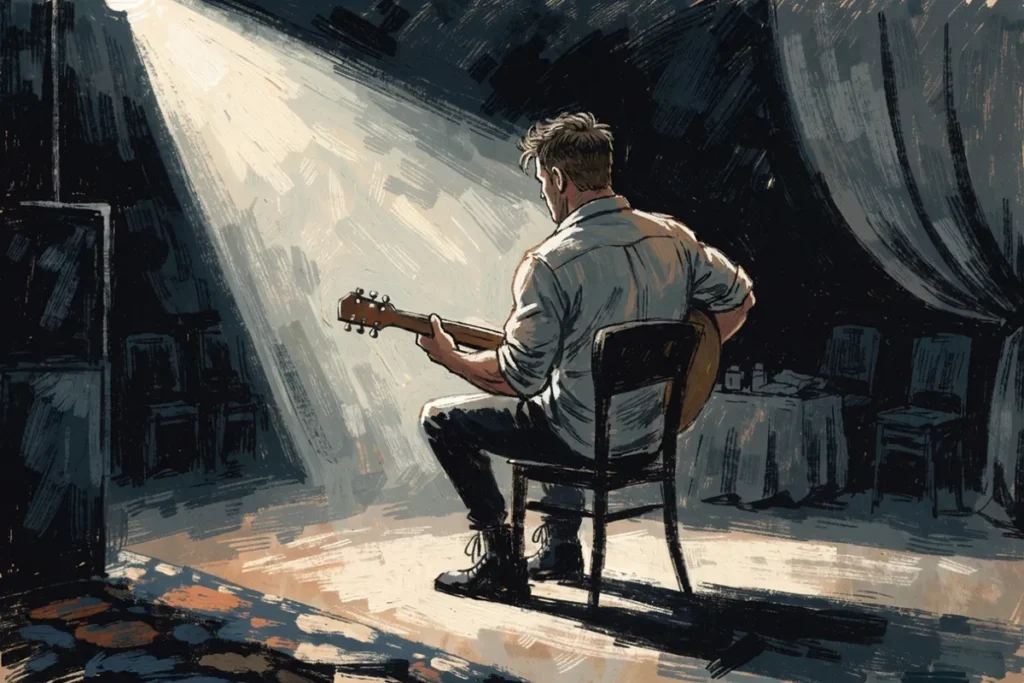 Un musicien assis tenant une guitare acoustique sous les projecteurs