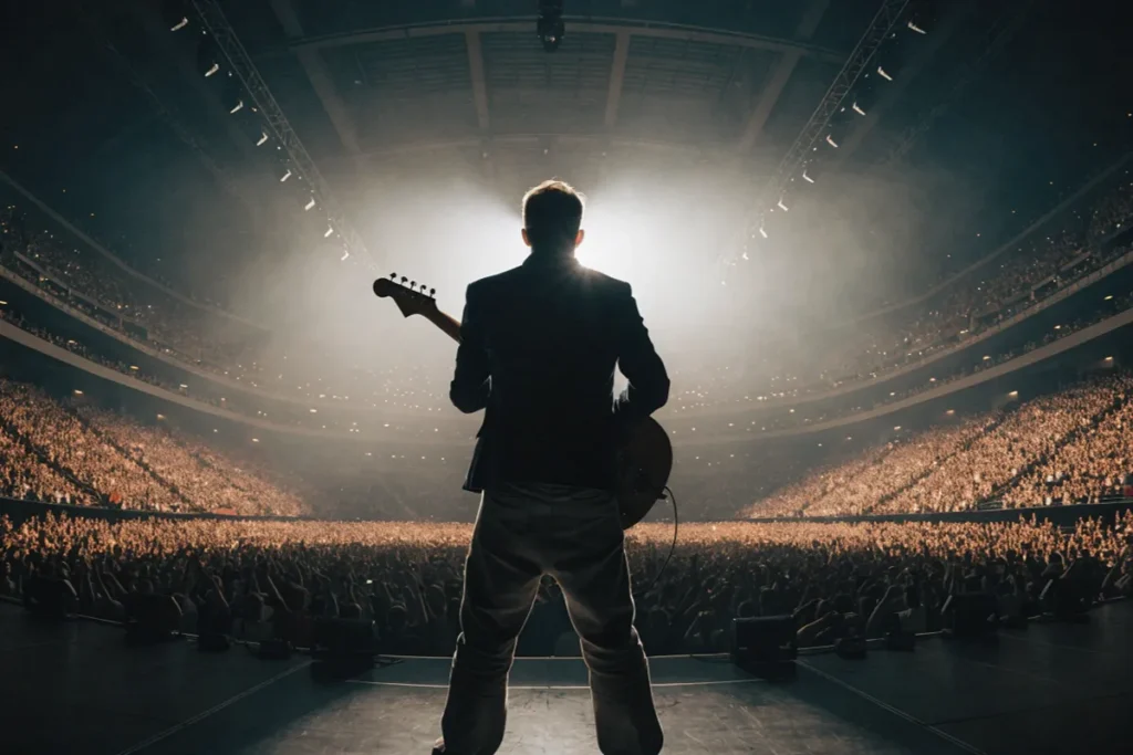 Un musicien sur scène lors d'un concert évoquant Bryan Adams