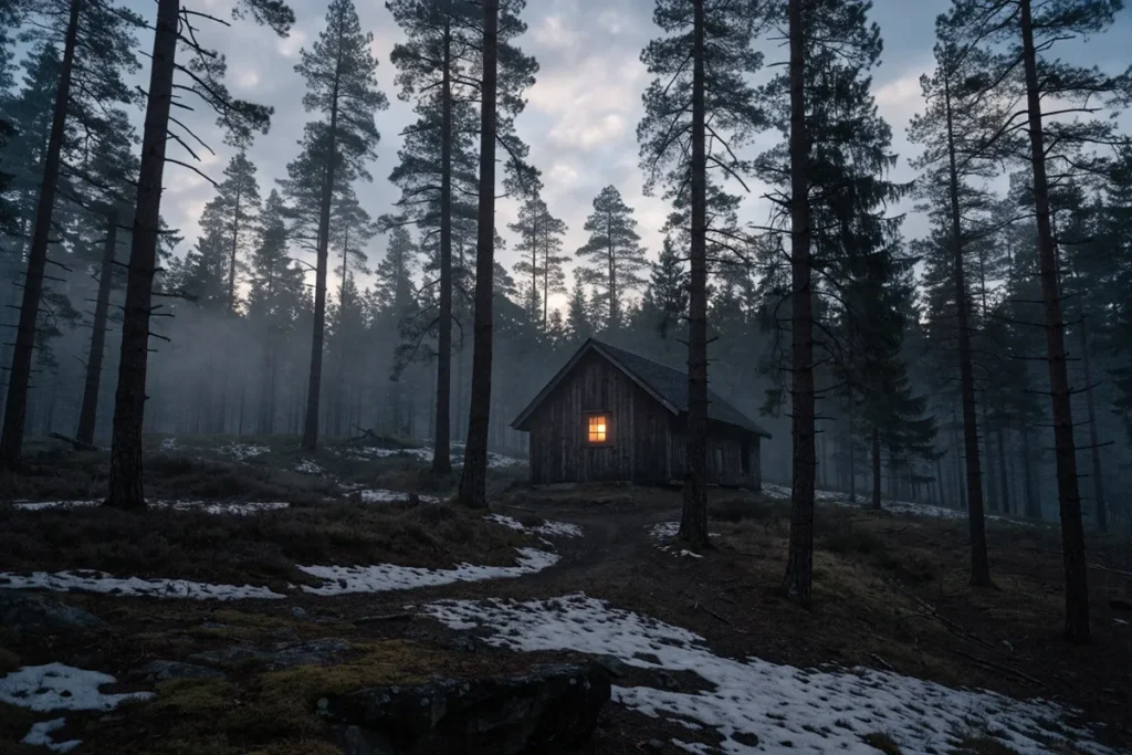 Cabane isolée dans une forêt, évoquant la traque du film Unabomber