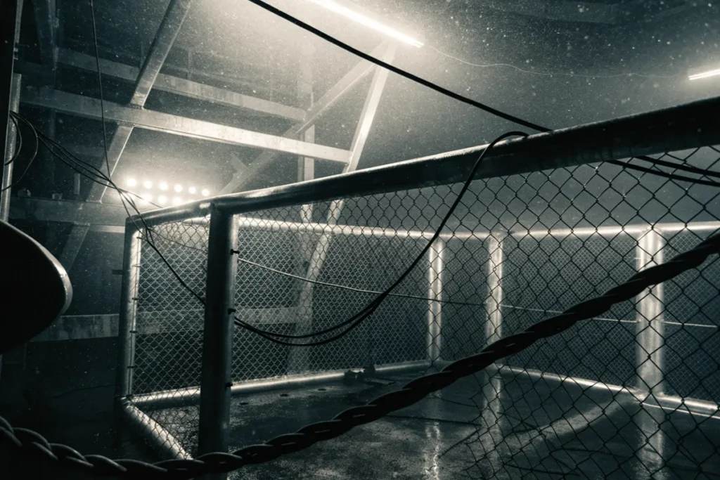 Cage de MMA vide photographiée en plongée évoquant Smashing Machine