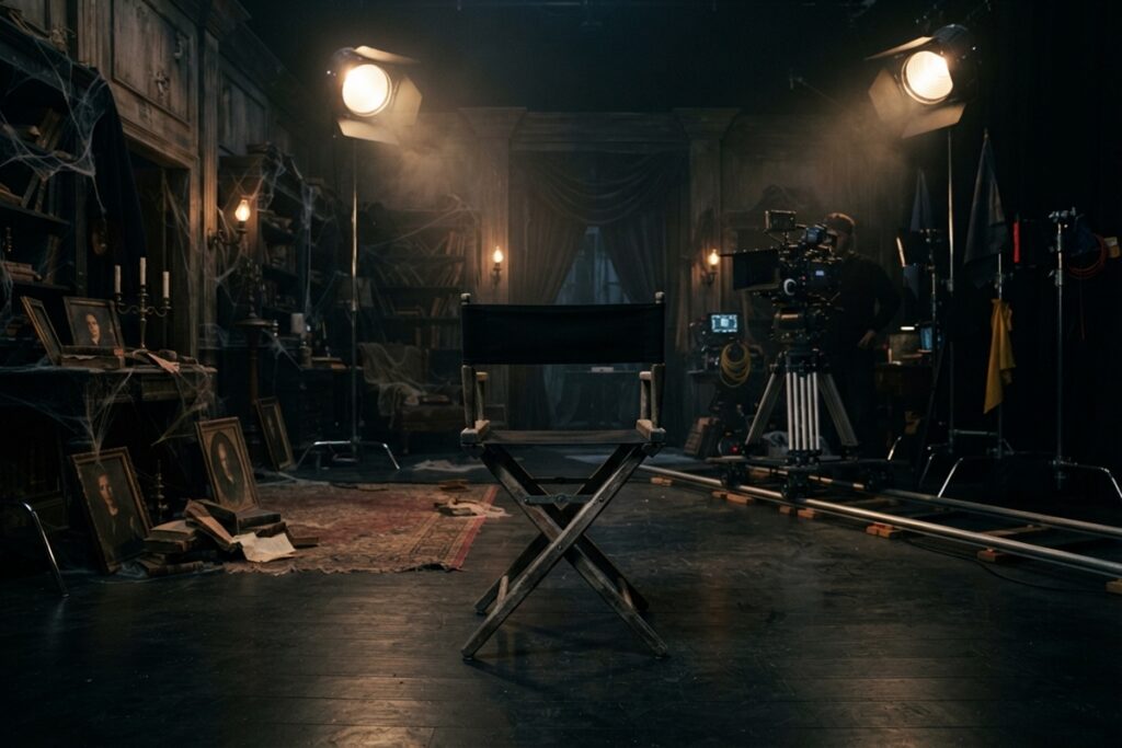 Chaise de réalisateur installée au milieu d'un décor de tournage de film d'horreur