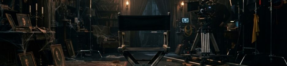 Chaise de réalisateur installée au milieu d'un décor de tournage de film d'horreur