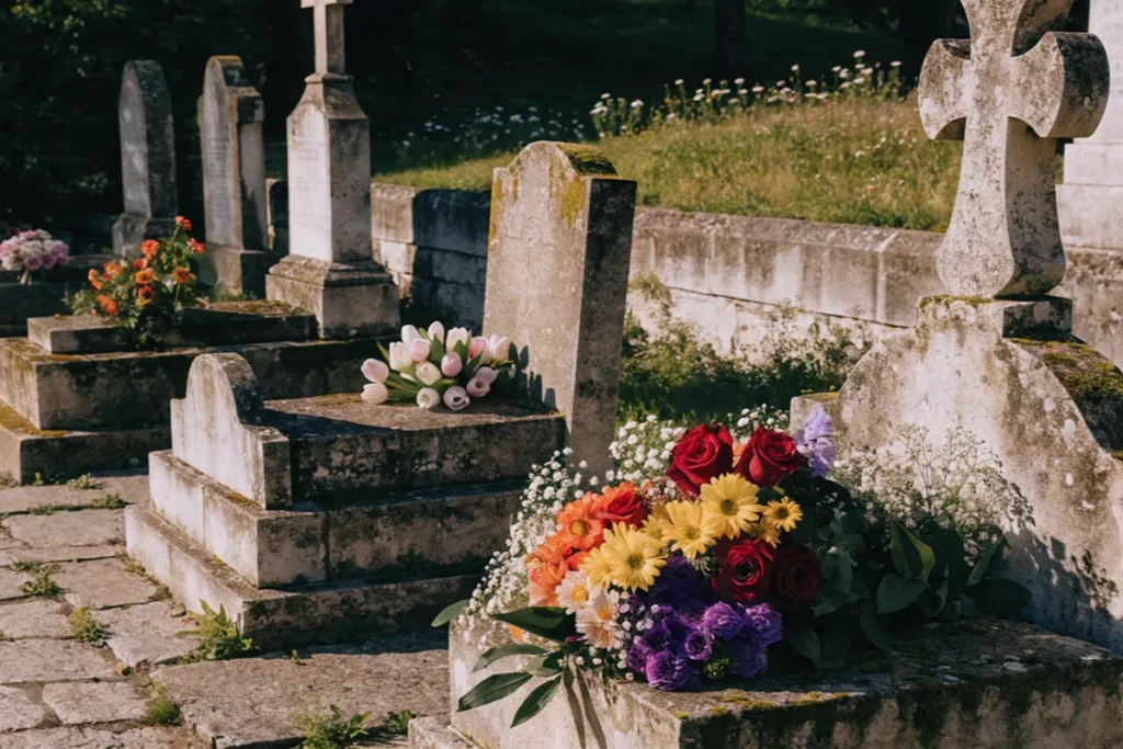 fleurs colorées sur des pierres dans un cimetière ensoleillé, univers poétique de Changer l'eau des fleurs