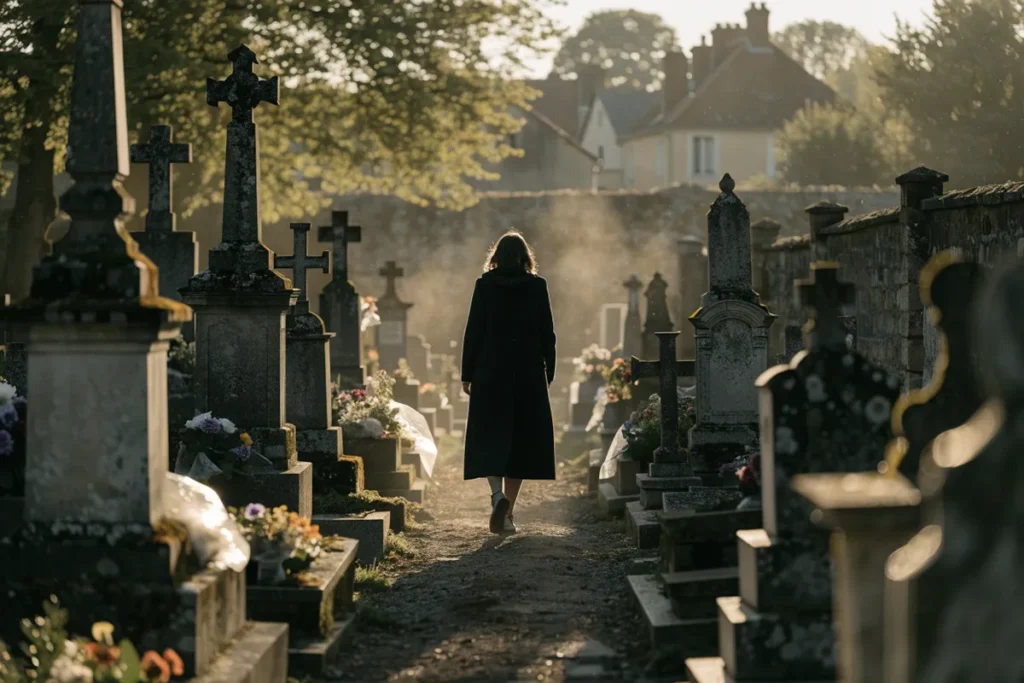 silhouette féminine de dos dans un cimetière fleuri, atmosphère du film Changer l'eau des fleurs de Jeunet