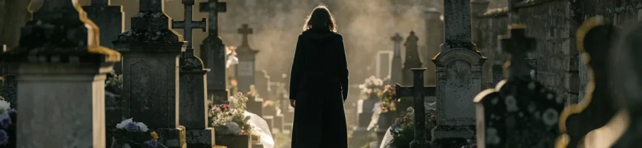 silhouette féminine de dos dans un cimetière fleuri, atmosphère du film Changer l'eau des fleurs de Jeunet