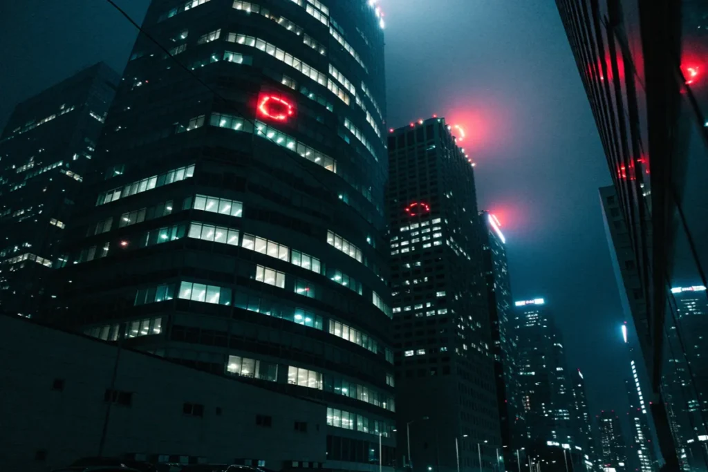 Gratte-ciel de Séoul la nuit, décor du film de zombies Colony