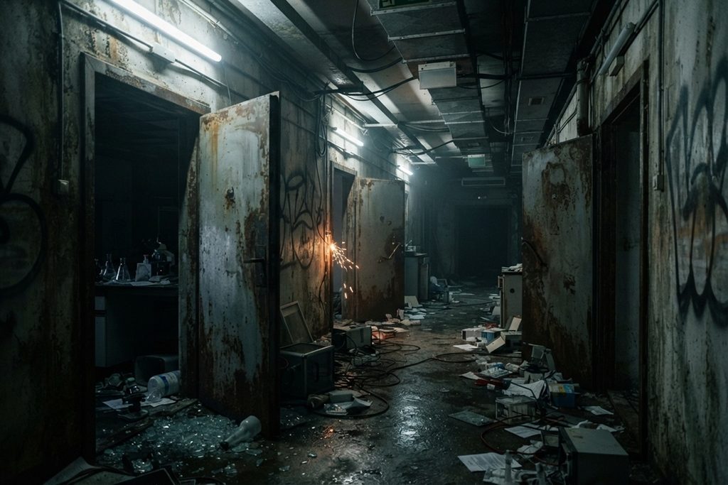 Couloir d’un laboratoire souterrain abandonné