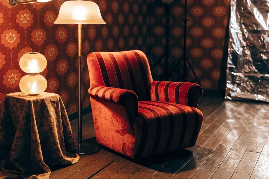 un décor de studio aux couleurs vintage avec fauteuil rétro et lampes chaudes rappelant Rosé de BLACKPINK