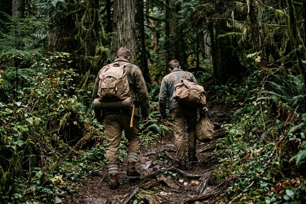 Deux hommes avançant à pied dans une forêt dense