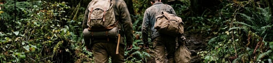 Deux hommes avançant à pied dans une forêt dense