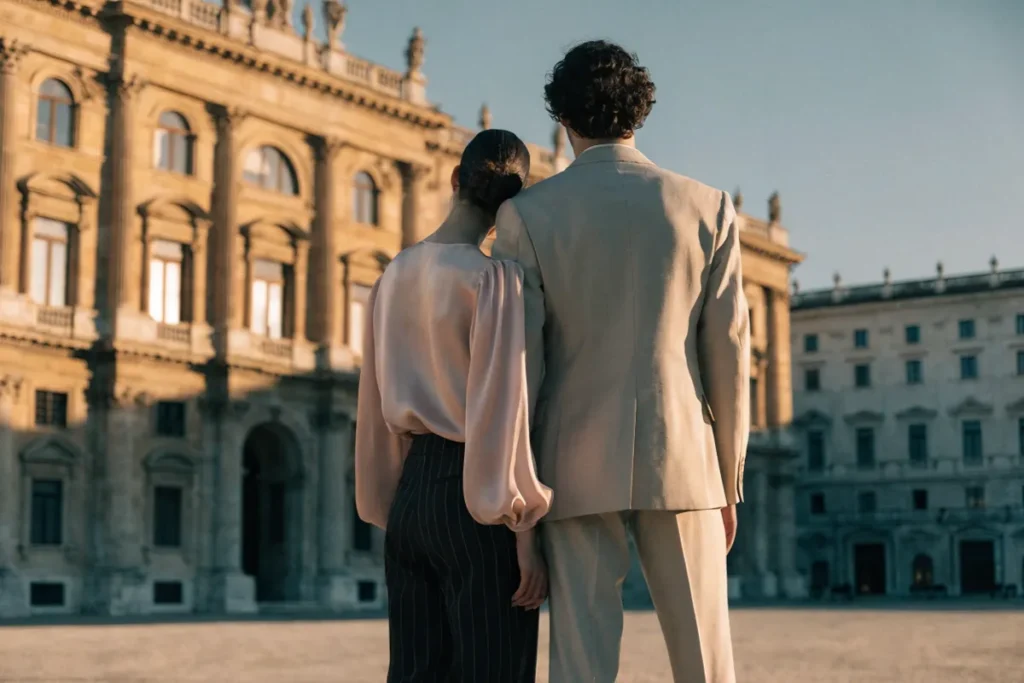 Un couple devant une mairie évoquant Dove Cameron et Damiano David  